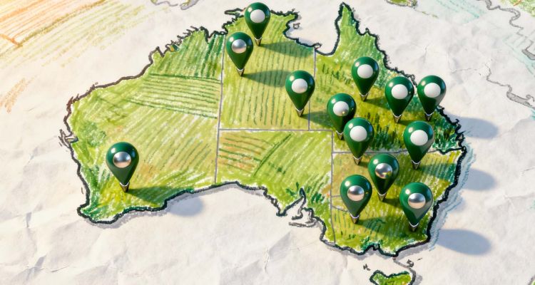 A map of Australia with pins indicating K-lIne Ag dealer locations